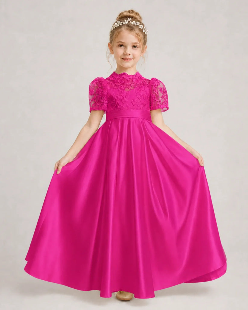 Hot Pink Satin A-line First Communion Dress Front View