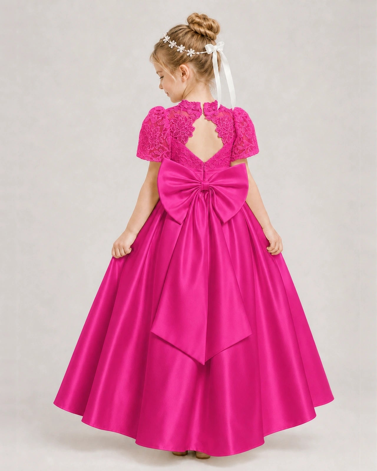 Hot Pink First Communion Dresses Lace Bodice Bow Back Satin Floor-Length Gown Back View
