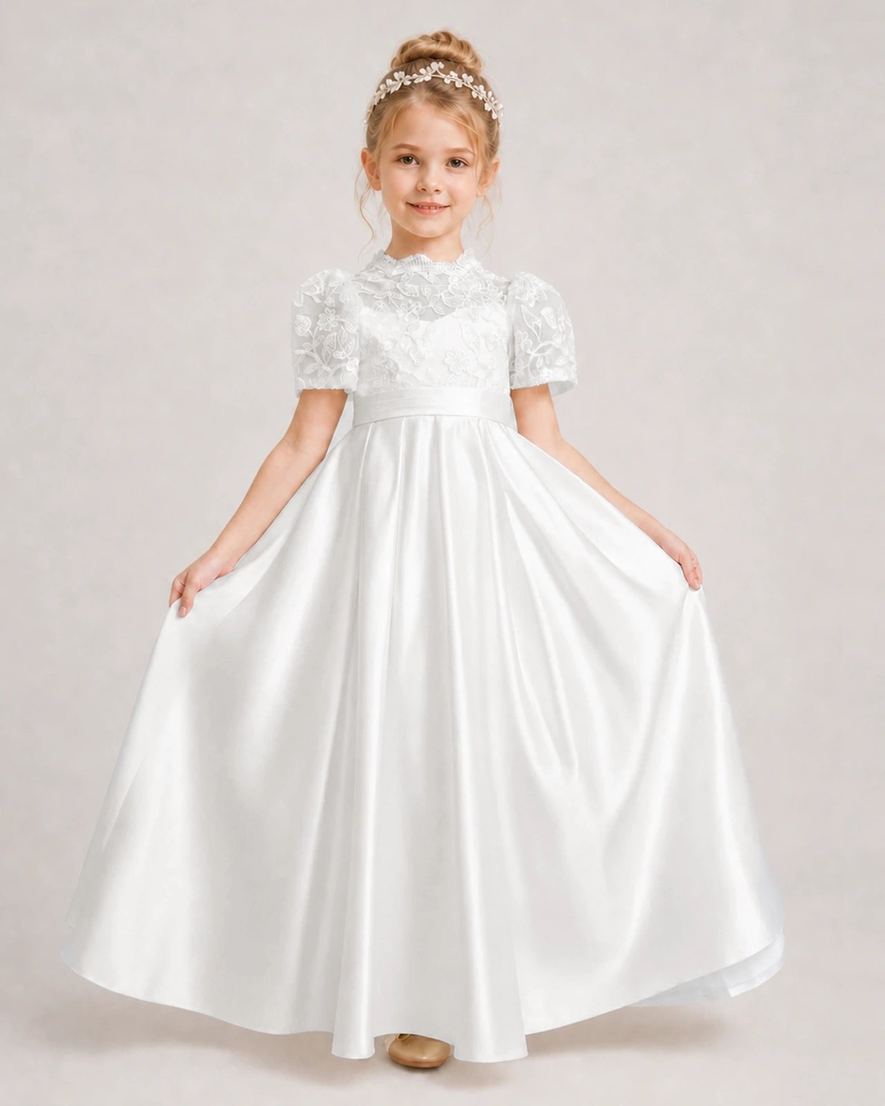 Ivory First Communion Dresses Lace Bodice Bow Back Satin Floor-Length Gown Front View