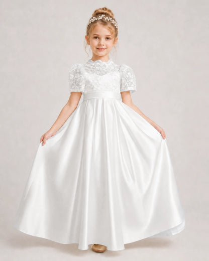 Ivory First Communion Dresses Lace Bodice Bow Back Satin Floor-Length Gown Front View
