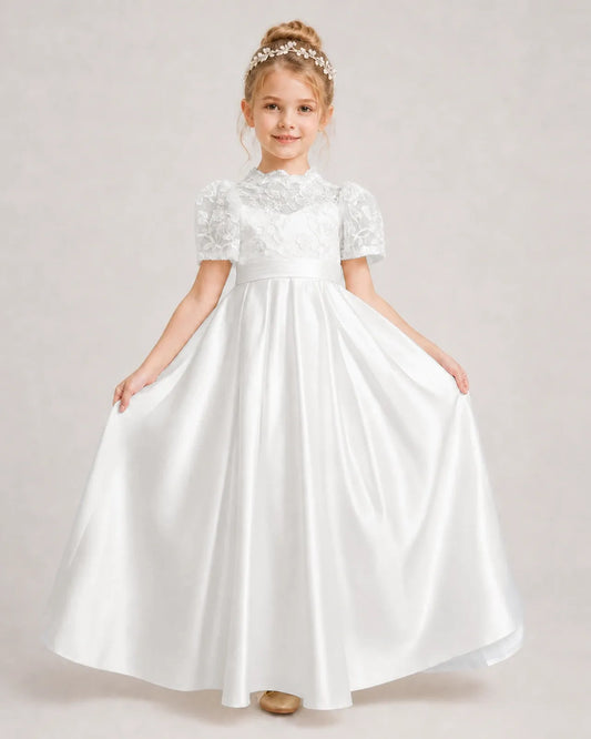 Ivory Satin A-line First Communion Dress Front View
