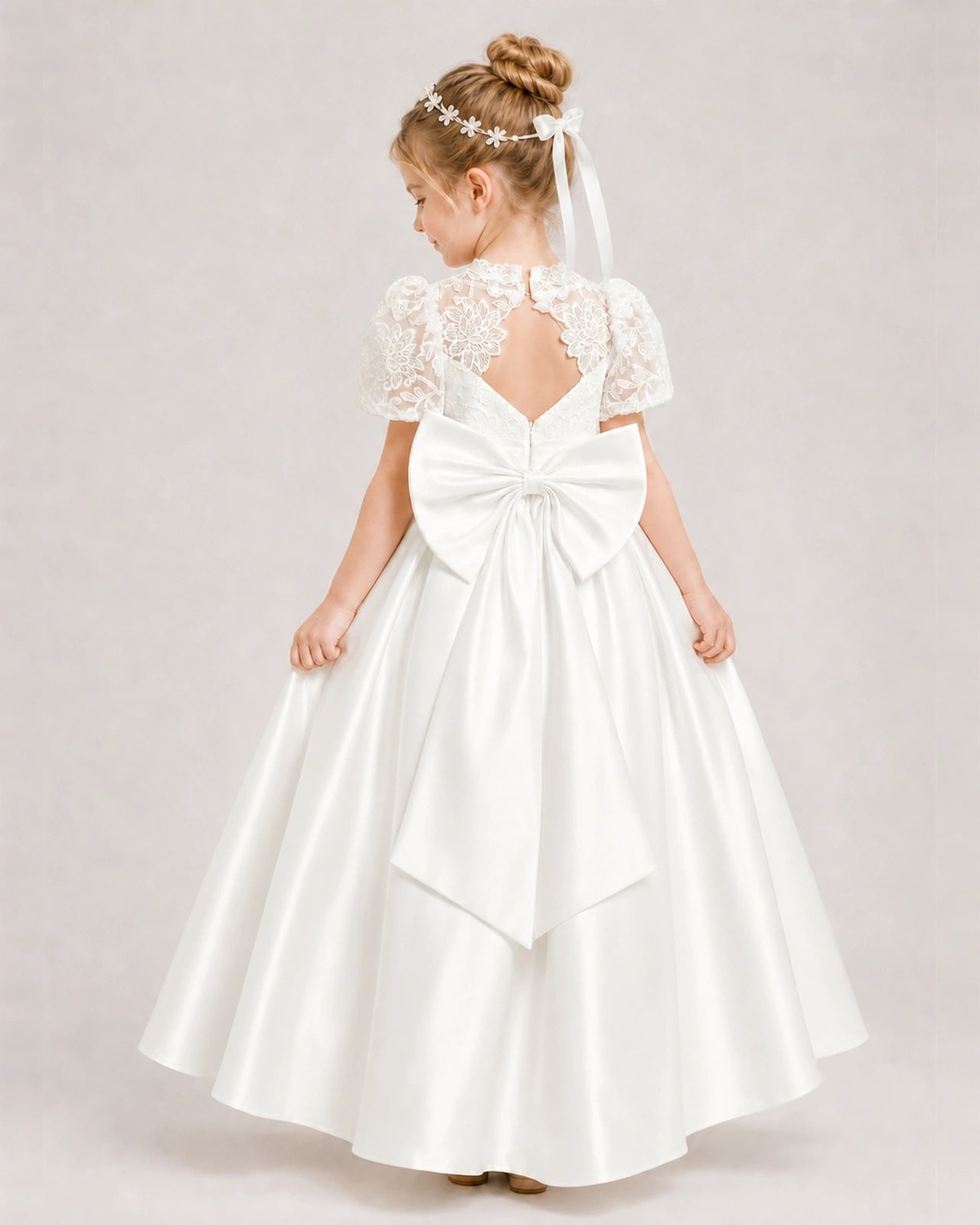 Ivory First Communion Dresses Lace Bodice Bow Back Satin Floor-Length Gown Back View