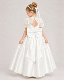 Ivory First Communion Dresses Lace Bodice Bow Back Satin Floor-Length Gown Back View