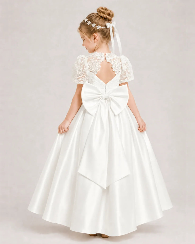 Ivory Satin A-line First Communion Dress Back View