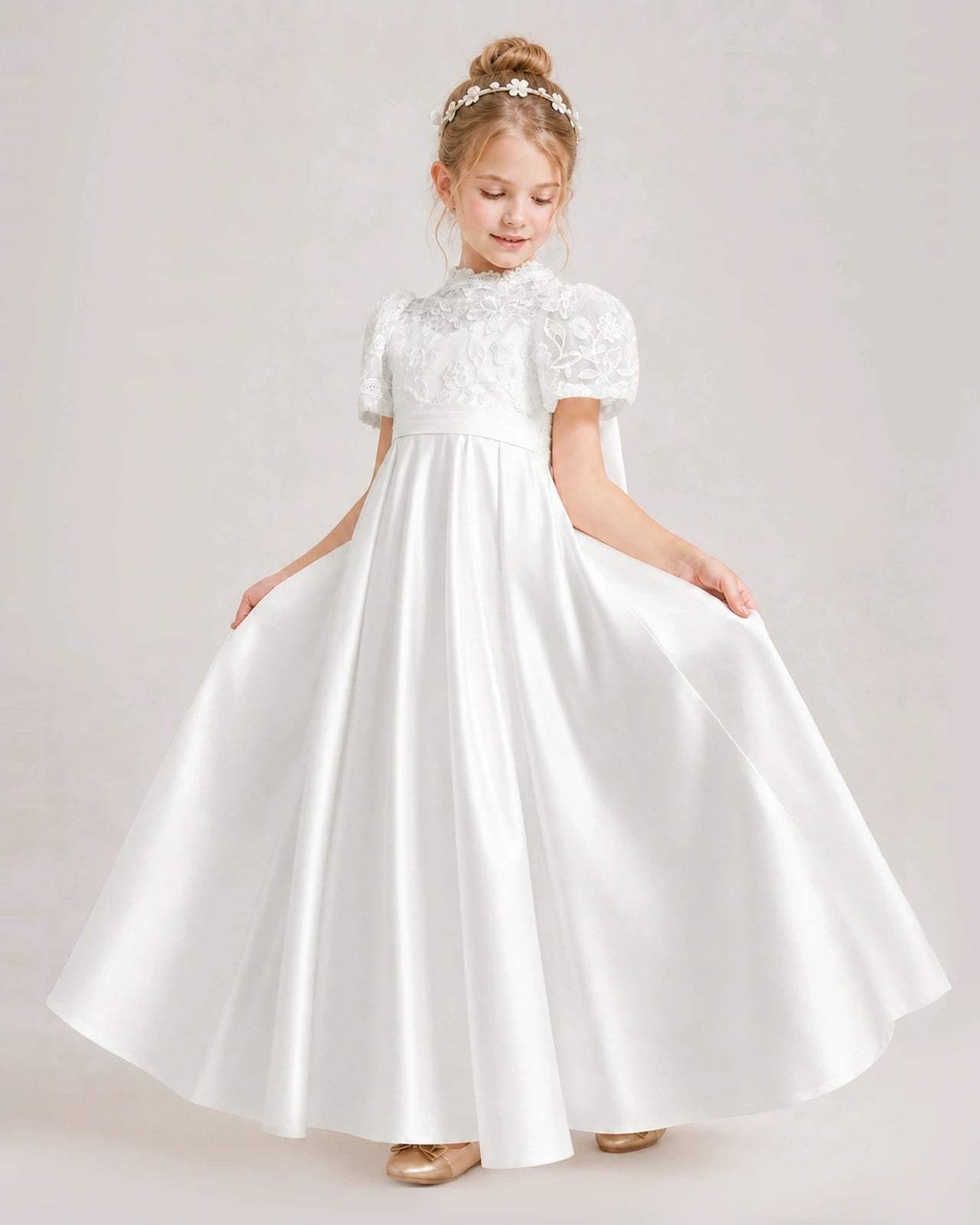 Ivory First Communion Dresses Lace Bodice Bow Back Satin Floor-Length Gown Front View