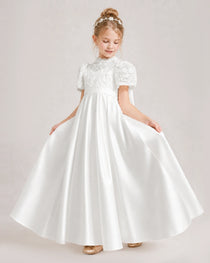 Ivory First Communion Dresses Lace Bodice Bow Back Satin Floor-Length Gown Front View
