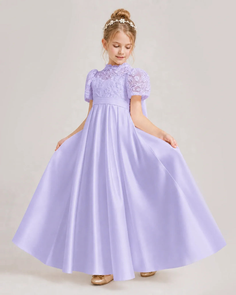 Lavender Satin A-line First Communion Dress Front View
