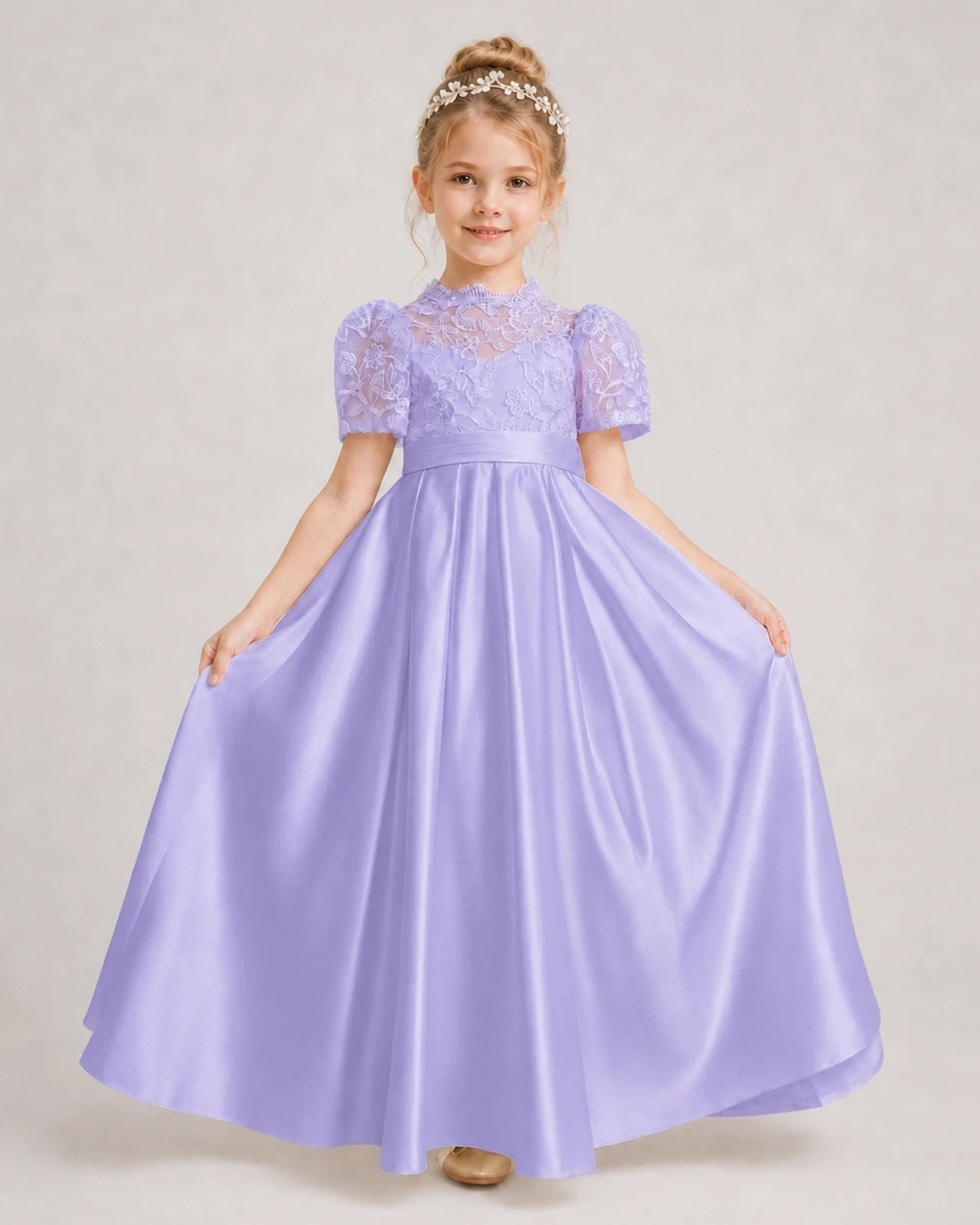 Lavender First Communion Dresses Lace Bodice Bow Back Satin Floor-Length Gown Front View