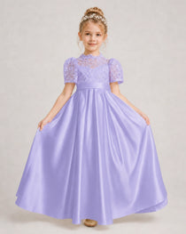 Lavender First Communion Dresses Lace Bodice Bow Back Satin Floor-Length Gown Front View