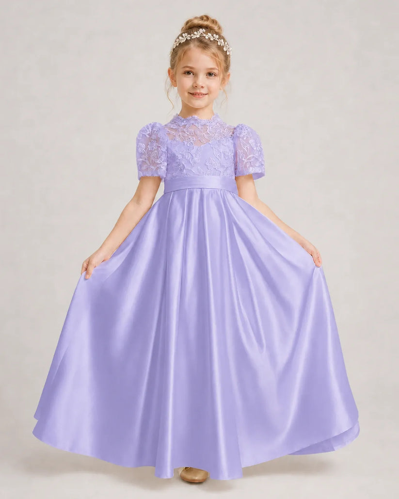 Lavender Satin A-line First Communion Dress Front View