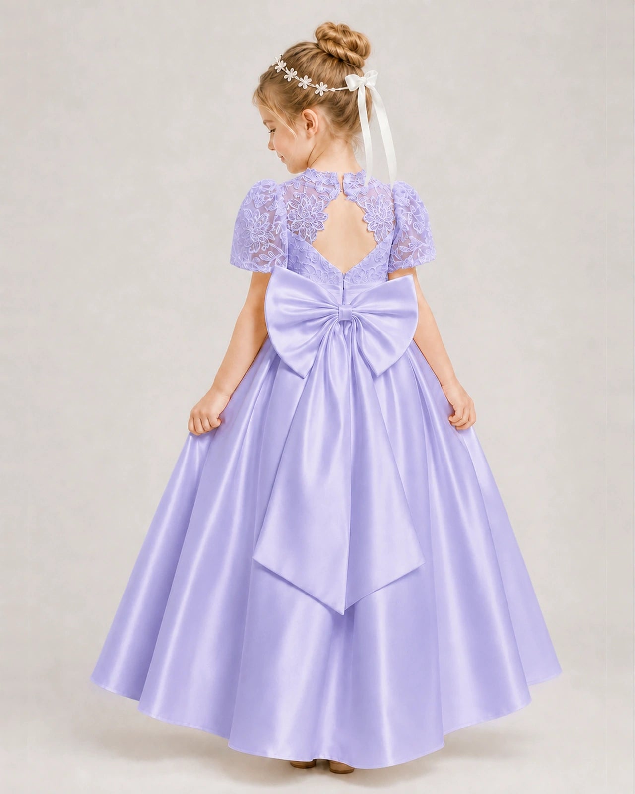 Lavender First Communion Dresses Lace Bodice Bow Back Satin Floor-Length Gown Back View