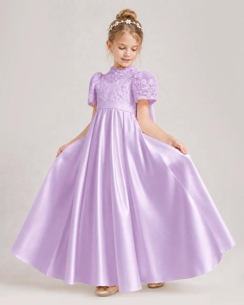 Lilac Satin A-line First Communion Dress Front View