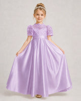 Lilac Satin A-line First Communion Dress Front View