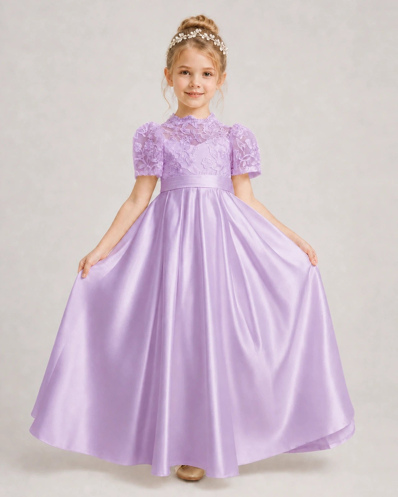 Lilac First Communion Dresses Lace Bodice Bow Back Satin Floor-Length Gown Front View