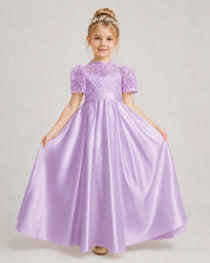 Lilac First Communion Dresses Lace Bodice Bow Back Satin Floor-Length Gown Front View