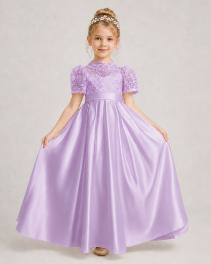 Lilac First Communion Dresses Lace Bodice Bow Back Satin Floor-Length Gown Front View
