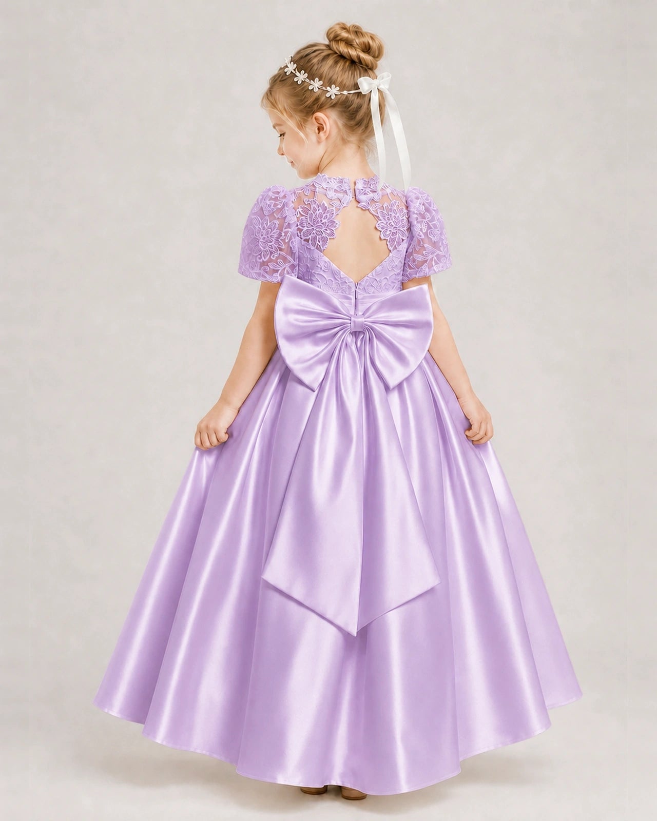 Lilac First Communion Dresses Lace Bodice Bow Back Satin Floor-Length Gown Back View