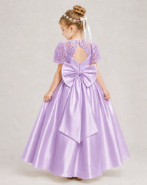 Lilac First Communion Dresses Lace Bodice Bow Back Satin Floor-Length Gown Back View