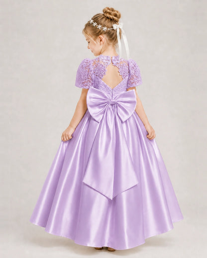 Lilac First Communion Dresses Lace Bodice Bow Back Satin Floor-Length Gown Back View