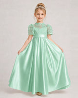 Mint Green Satin A-line First Communion Dress Front View