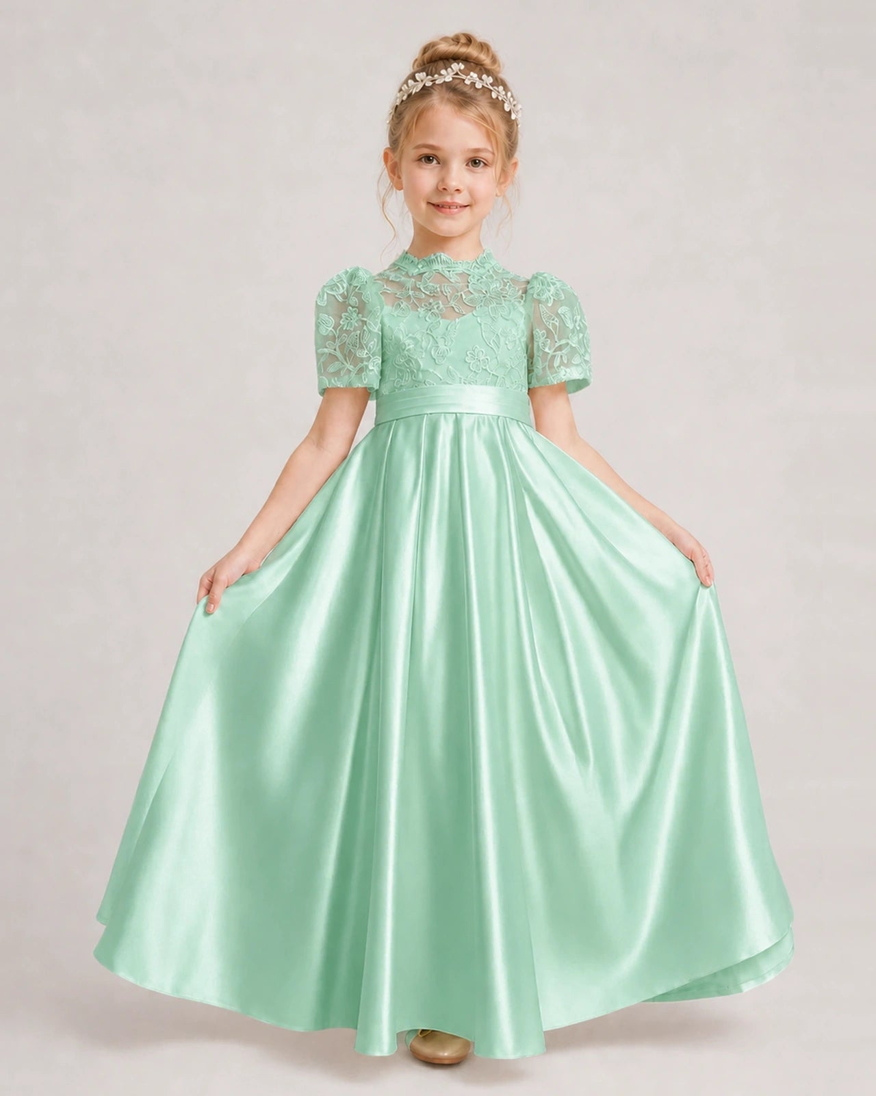 Mint Green First Communion Dresses Lace Bodice Bow Back Satin Floor-Length Gown Front View