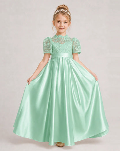 Mint Green First Communion Dresses Lace Bodice Bow Back Satin Floor-Length Gown Front View