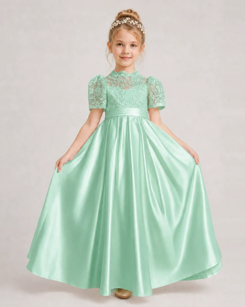 Mint Green Satin A-line First Communion Dress Front View