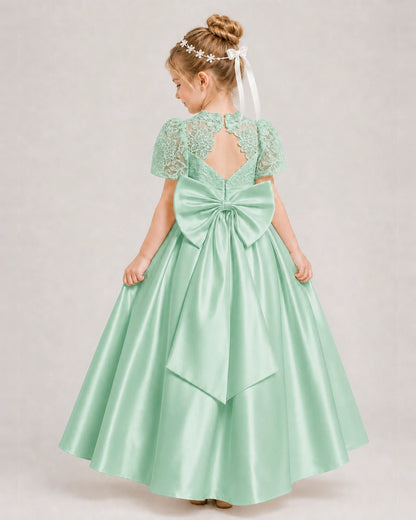 Mint Green First Communion Dresses Lace Bodice Bow Back Satin Floor-Length Gown Back View