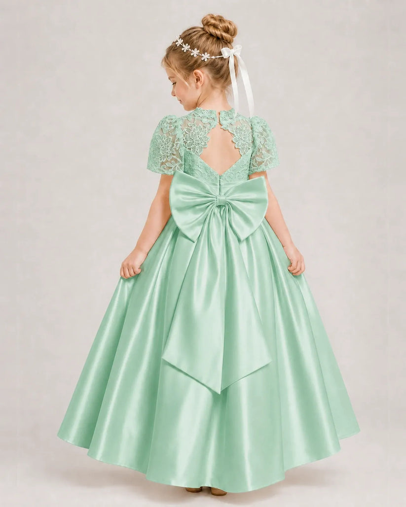 Mint Green Satin A-line First Communion Dress Back View