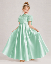 Mint Green First Communion Dresses Lace Bodice Bow Back Satin Floor-Length Gown Front View