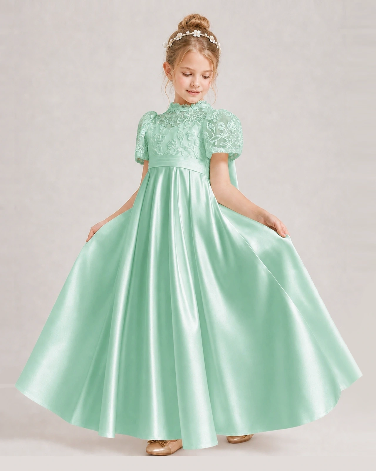Mint Green First Communion Dresses Lace Bodice Bow Back Satin Floor-Length Gown Front View