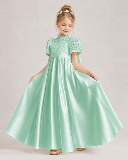 Mint Green First Communion Dresses Lace Bodice Bow Back Satin Floor-Length Gown Front View