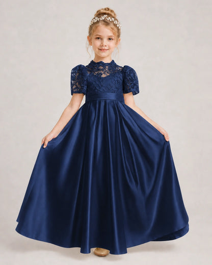 Navy Blue First Communion Dresses Lace Bodice Bow Back Satin Floor-Length Gown Front View