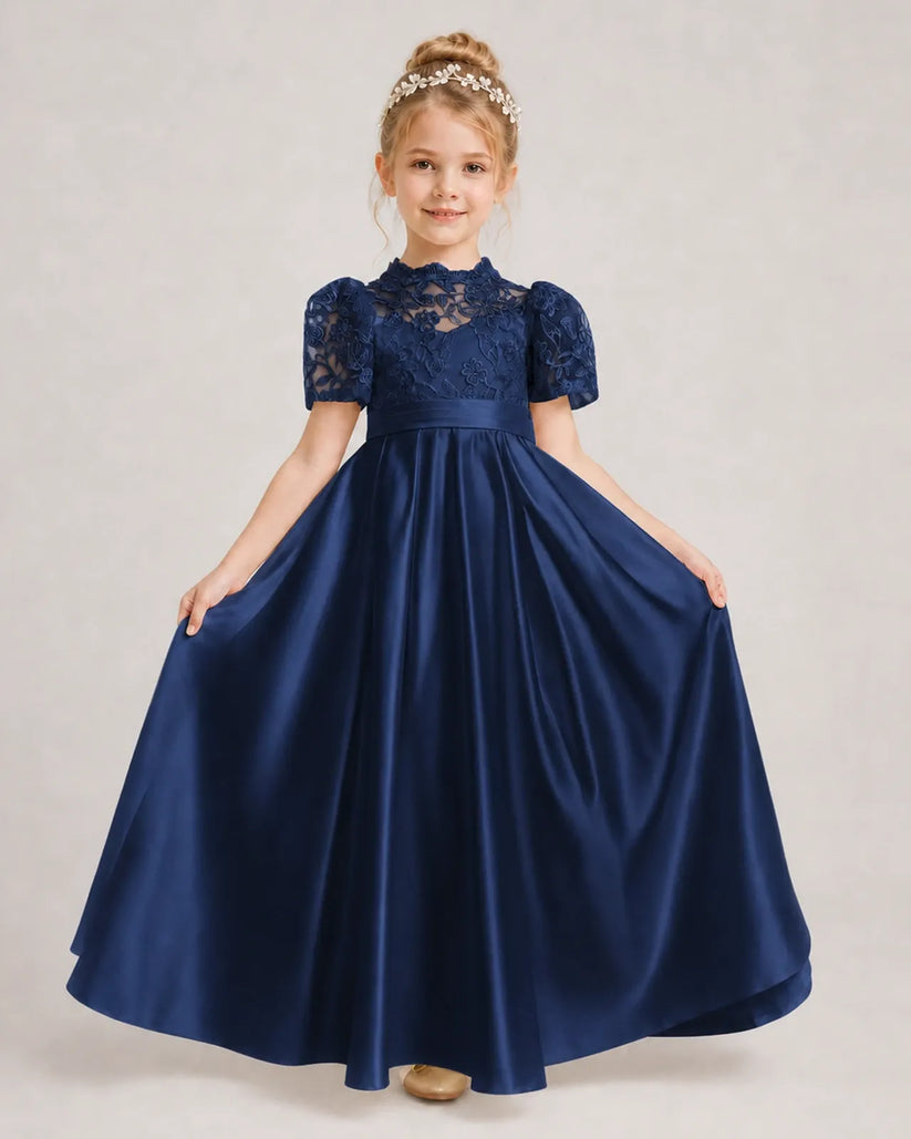 Navy Blue Satin A-line First Communion Dress Front View