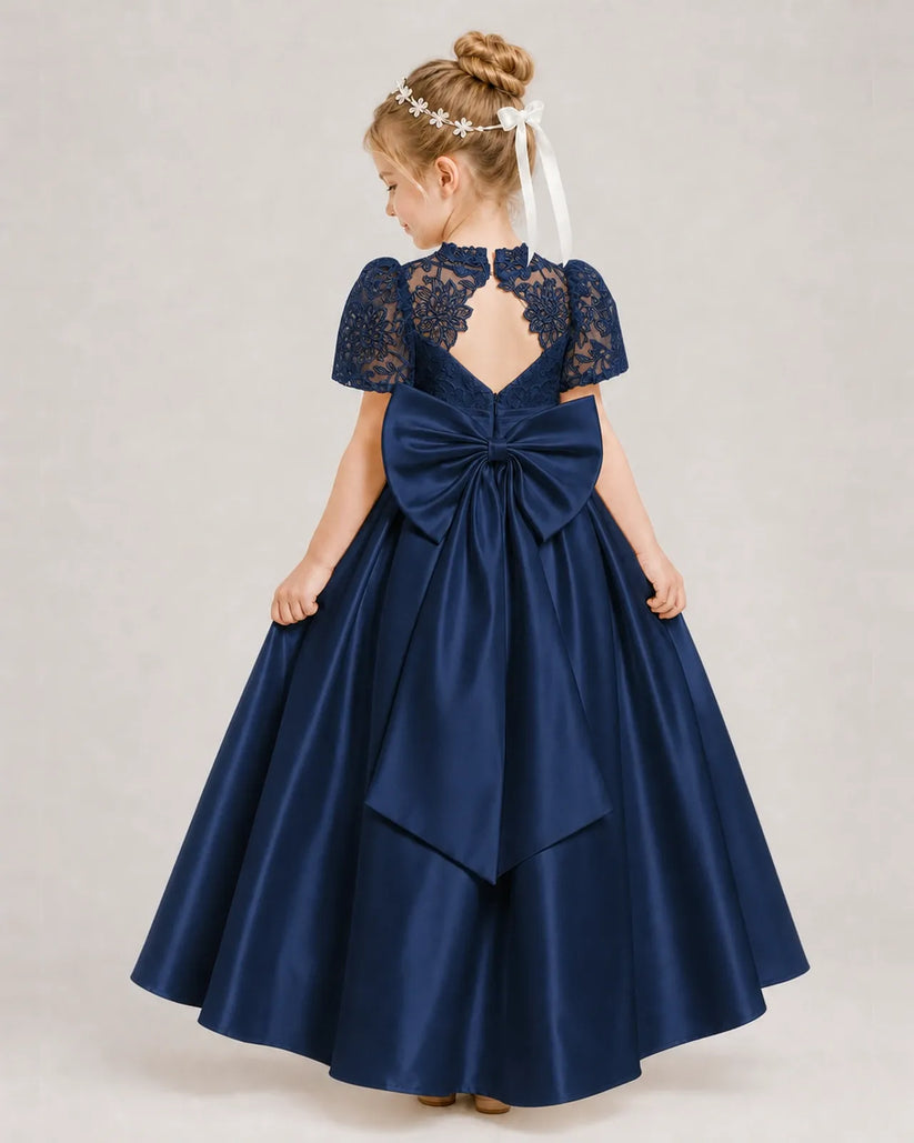 Navy Blue Satin A-line First Communion Dress Back View