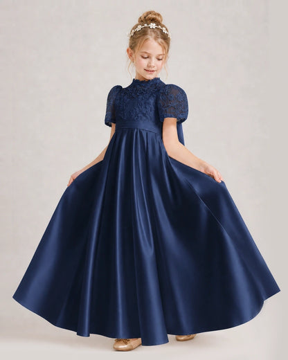 Navy Blue First Communion Dresses Lace Bodice Bow Back Satin Floor-Length Gown Front View