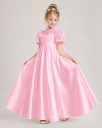 Pink First Communion Dresses Lace Bodice Bow Back Satin Floor-Length Gown Front View