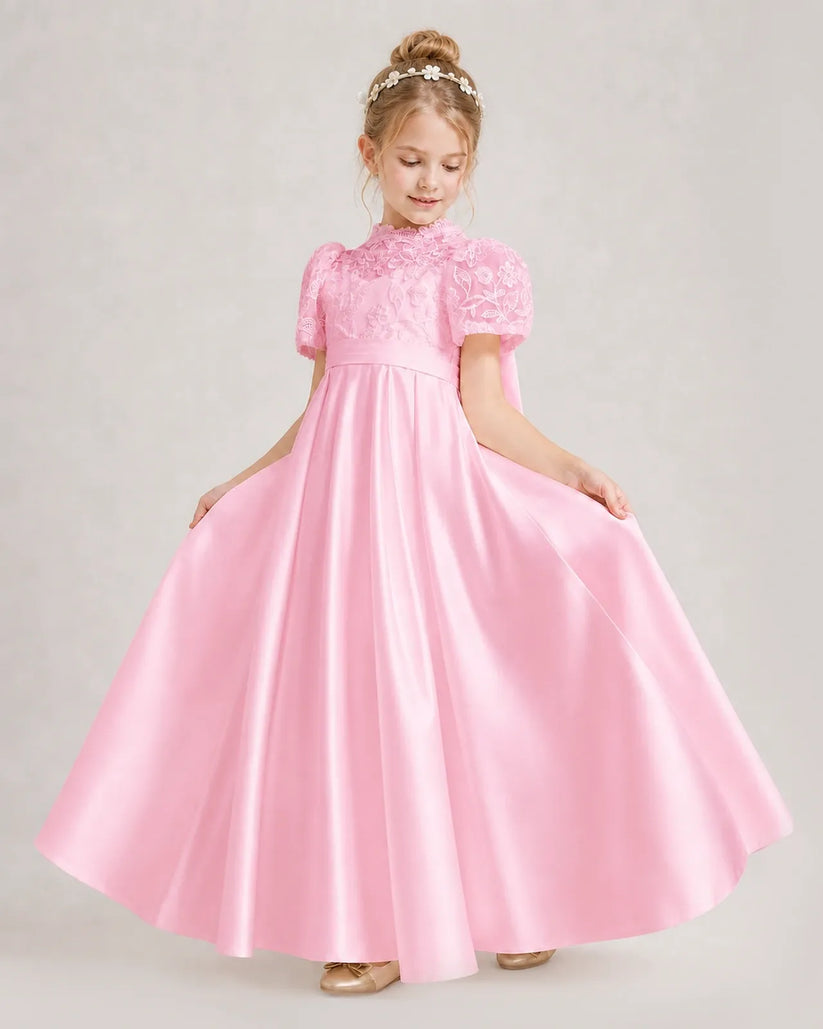 Pink Satin A-line First Communion Dress Front View