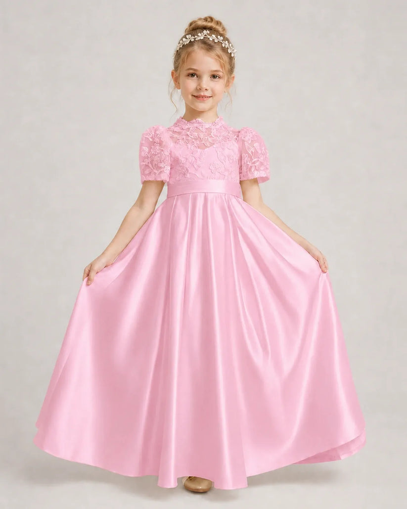 Pink Satin A-line First Communion Dress Front View