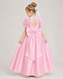 Pink First Communion Dresses Lace Bodice Bow Back Satin Floor-Length Gown Back View