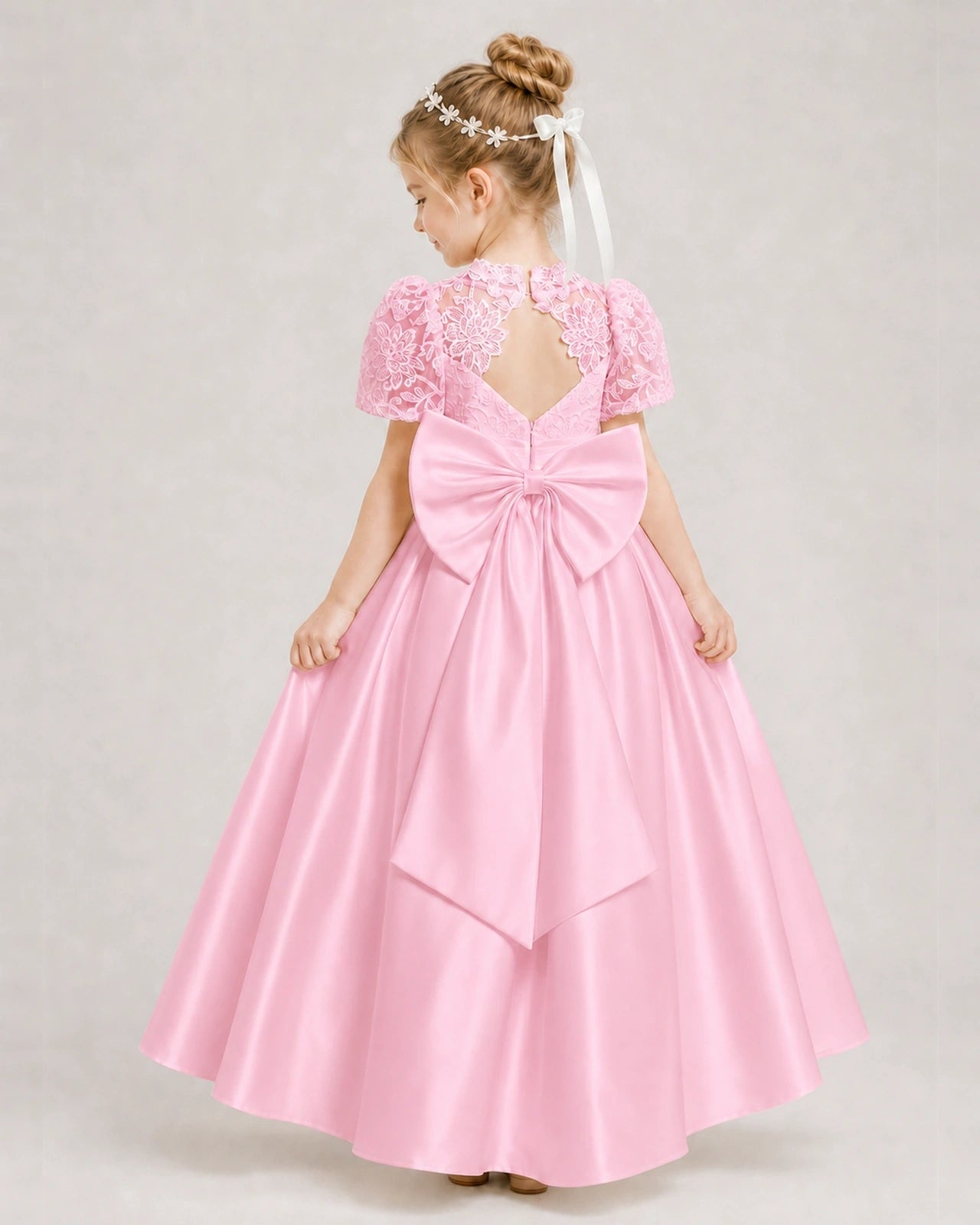Pink First Communion Dresses Lace Bodice Bow Back Satin Floor-Length Gown Back View