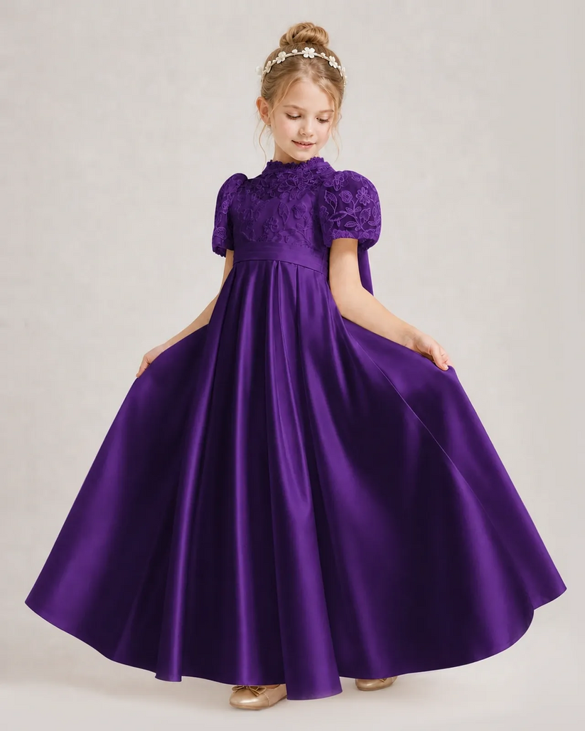 Purple Satin A-line First Communion Dress Front View