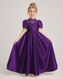 Purple First Communion Dresses Lace Bodice Bow Back Satin Floor-Length Gown Front View