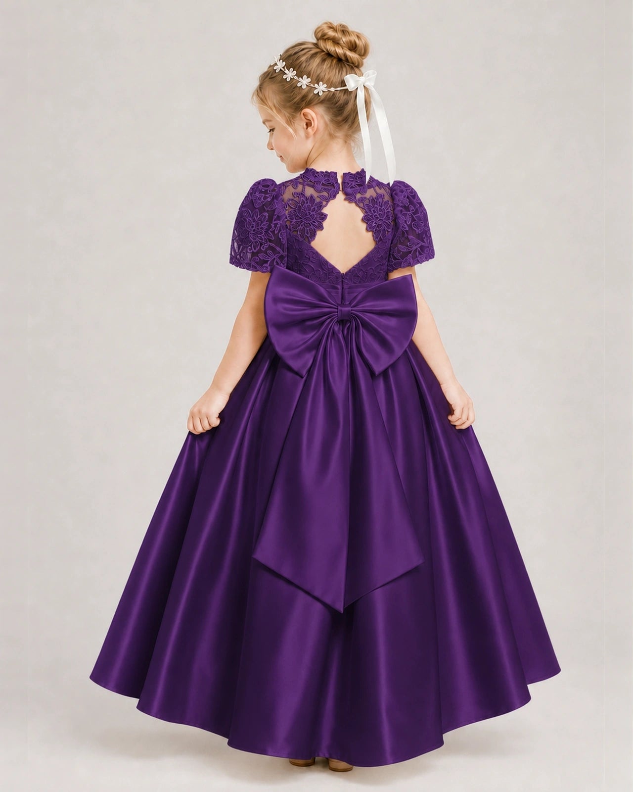 Purple First Communion Dresses Lace Bodice Bow Back Satin Floor-Length Gown Back View