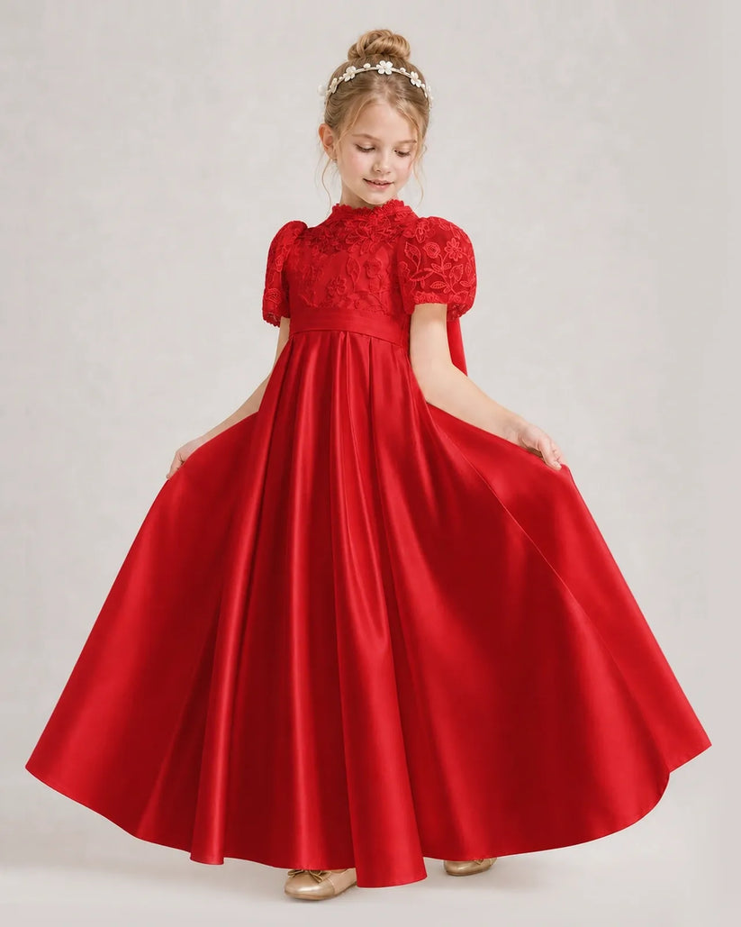 Red Satin A-line First Communion Dress Front View