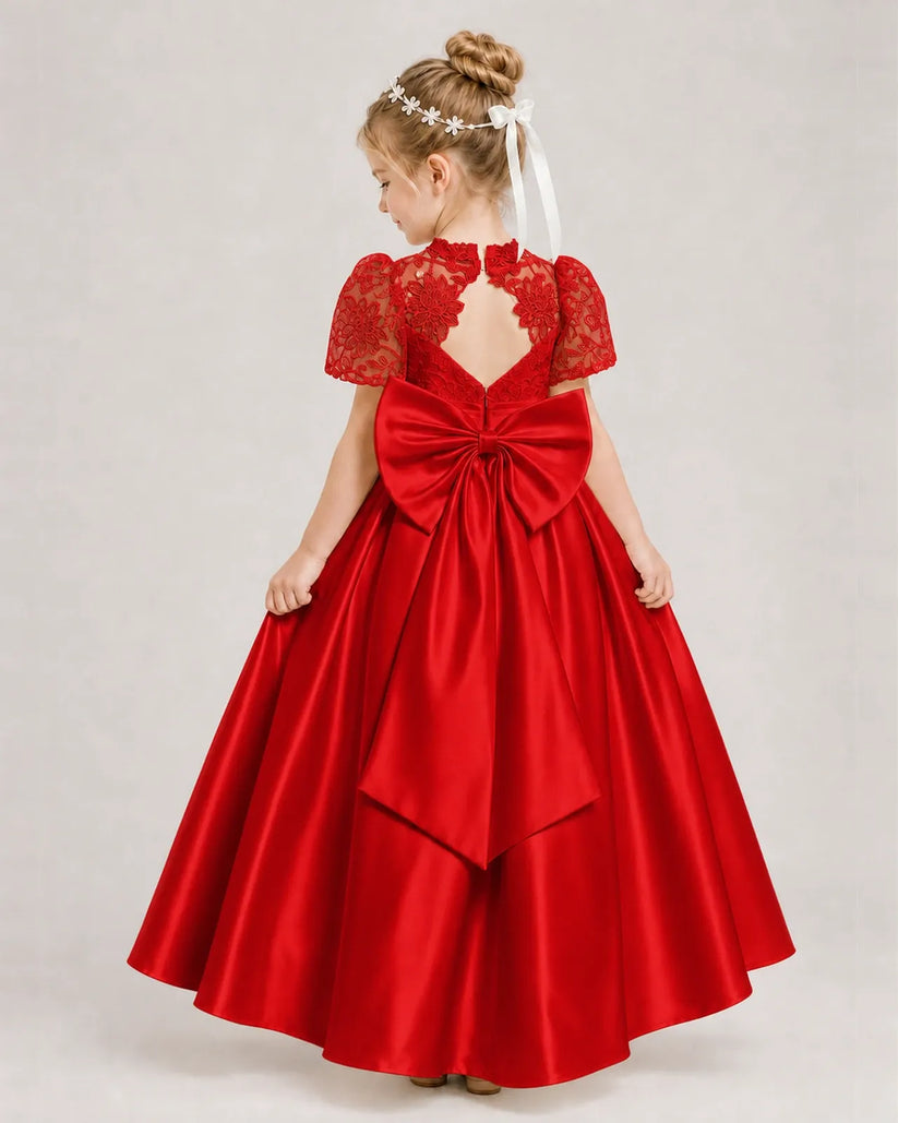 Red Satin A-line First Communion Dress Back View