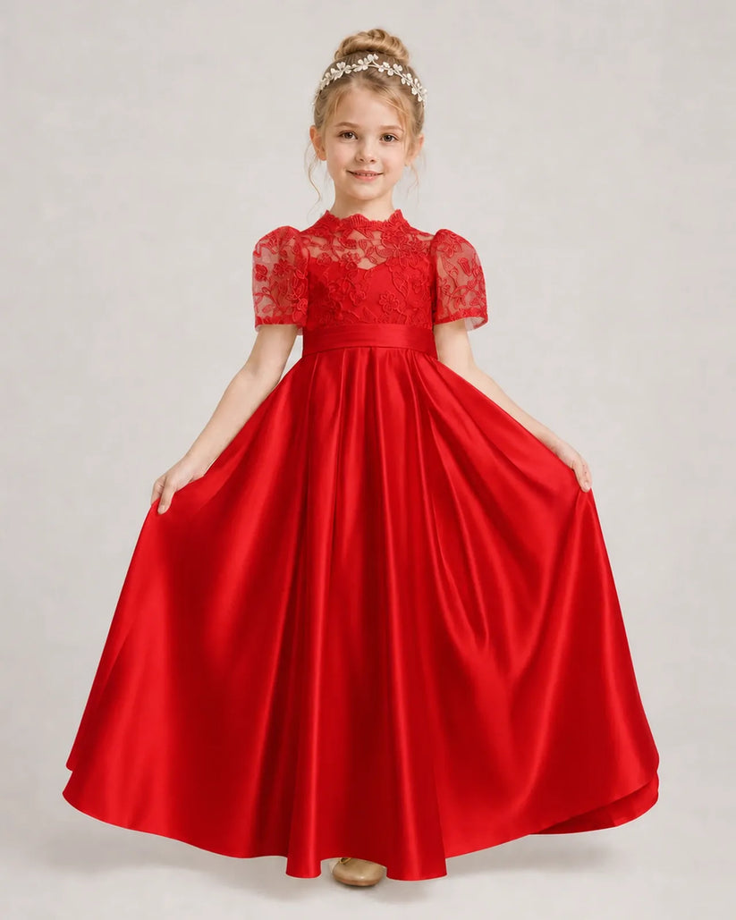 Red Satin A-line First Communion Dress Front View