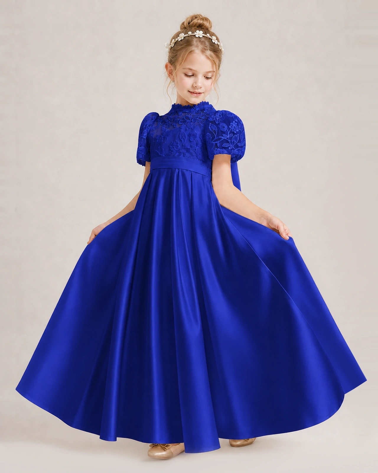 Royal Blue First Communion Dresses Lace Bodice Bow Back Satin Floor-Length Gown Front View