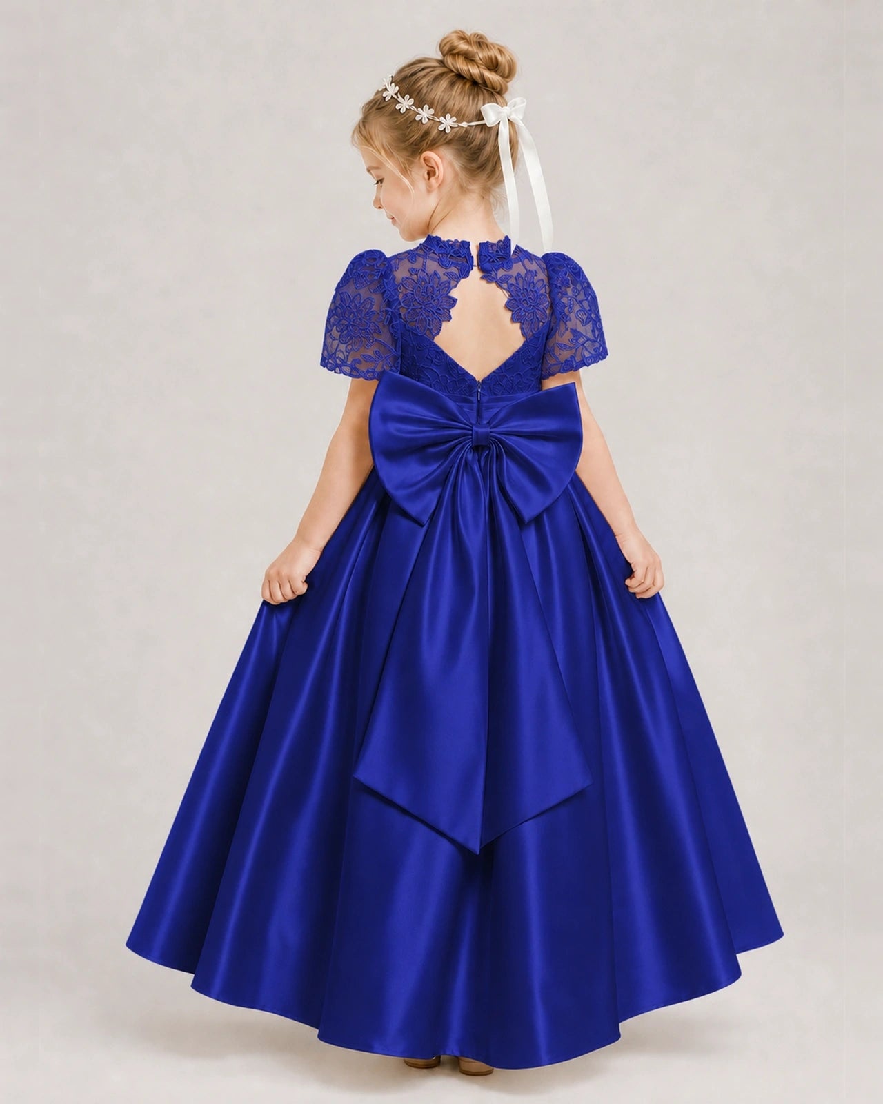Royal Blue First Communion Dresses Lace Bodice Bow Back Satin Floor-Length Gown Back View