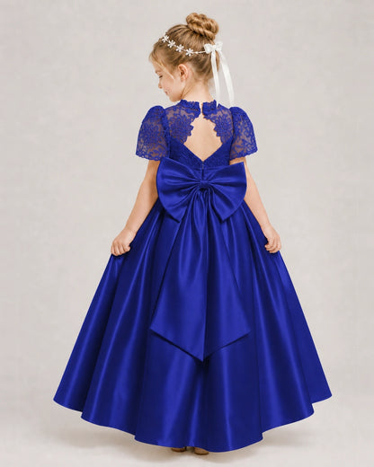 Royal Blue First Communion Dresses Lace Bodice Bow Back Satin Floor-Length Gown Back View